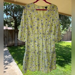 Ann Taylor Yellow Blue White Floral 100% Cotton V-Neck 3/4 Sleeve Smock Dress 10